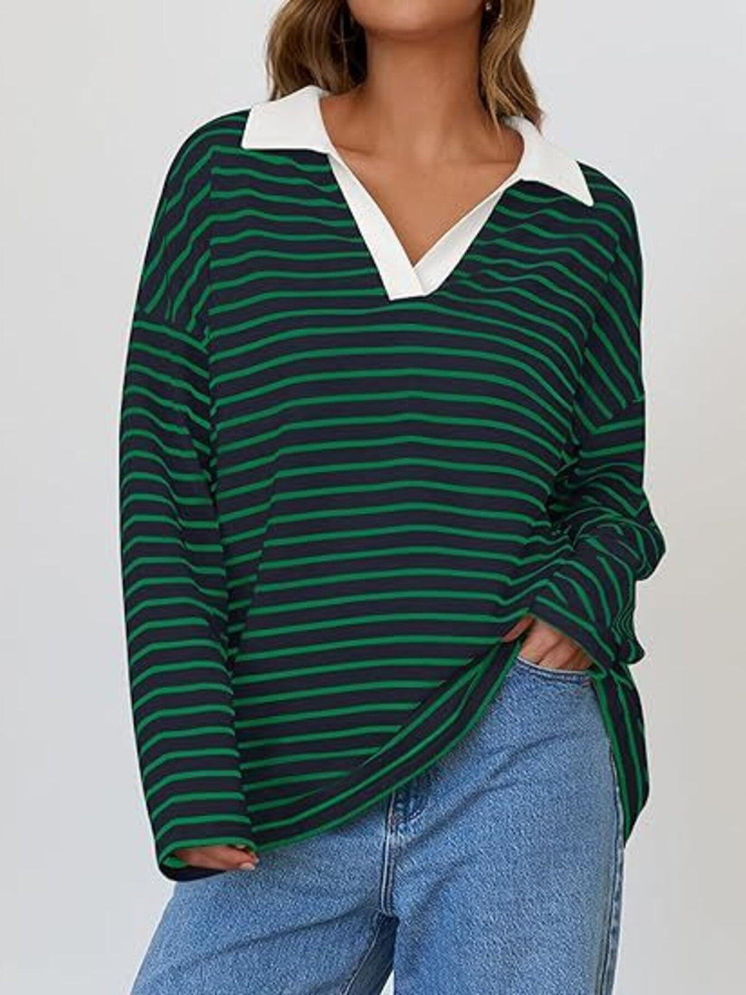 Striped oversized long sleeve top with contrast collar