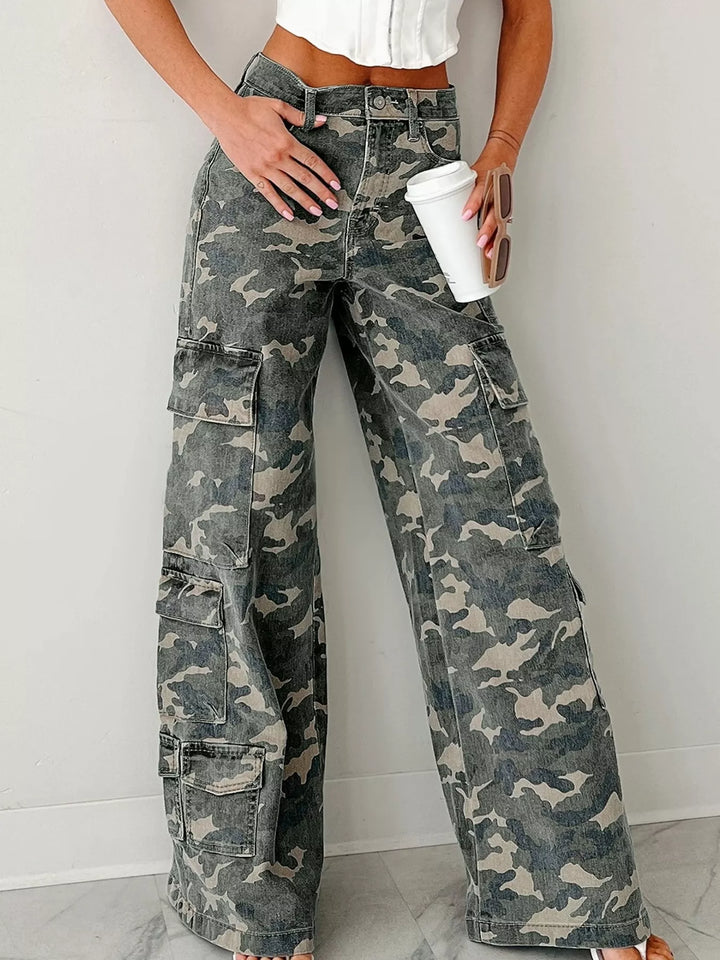 Green Camouflage High-rise wide-leg camo cargo jeans with flap pockets