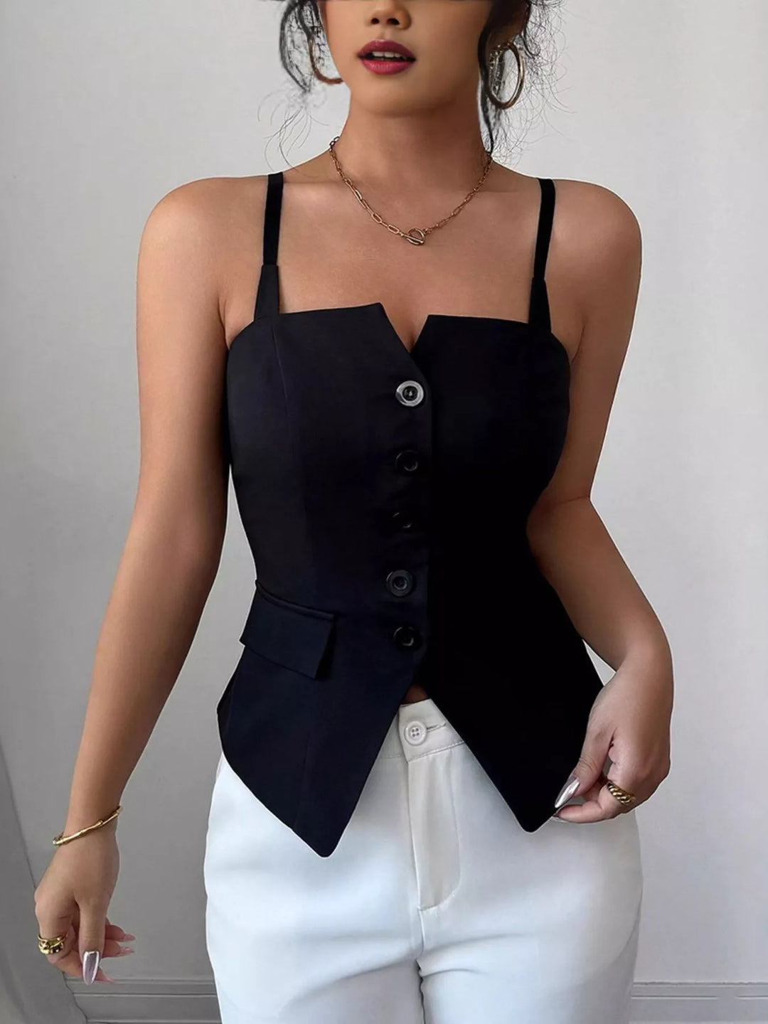 Black Structured button-front cami top with asymmetric hem