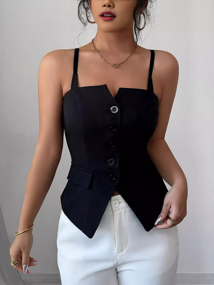 Black Structured button-front cami top with asymmetric hem