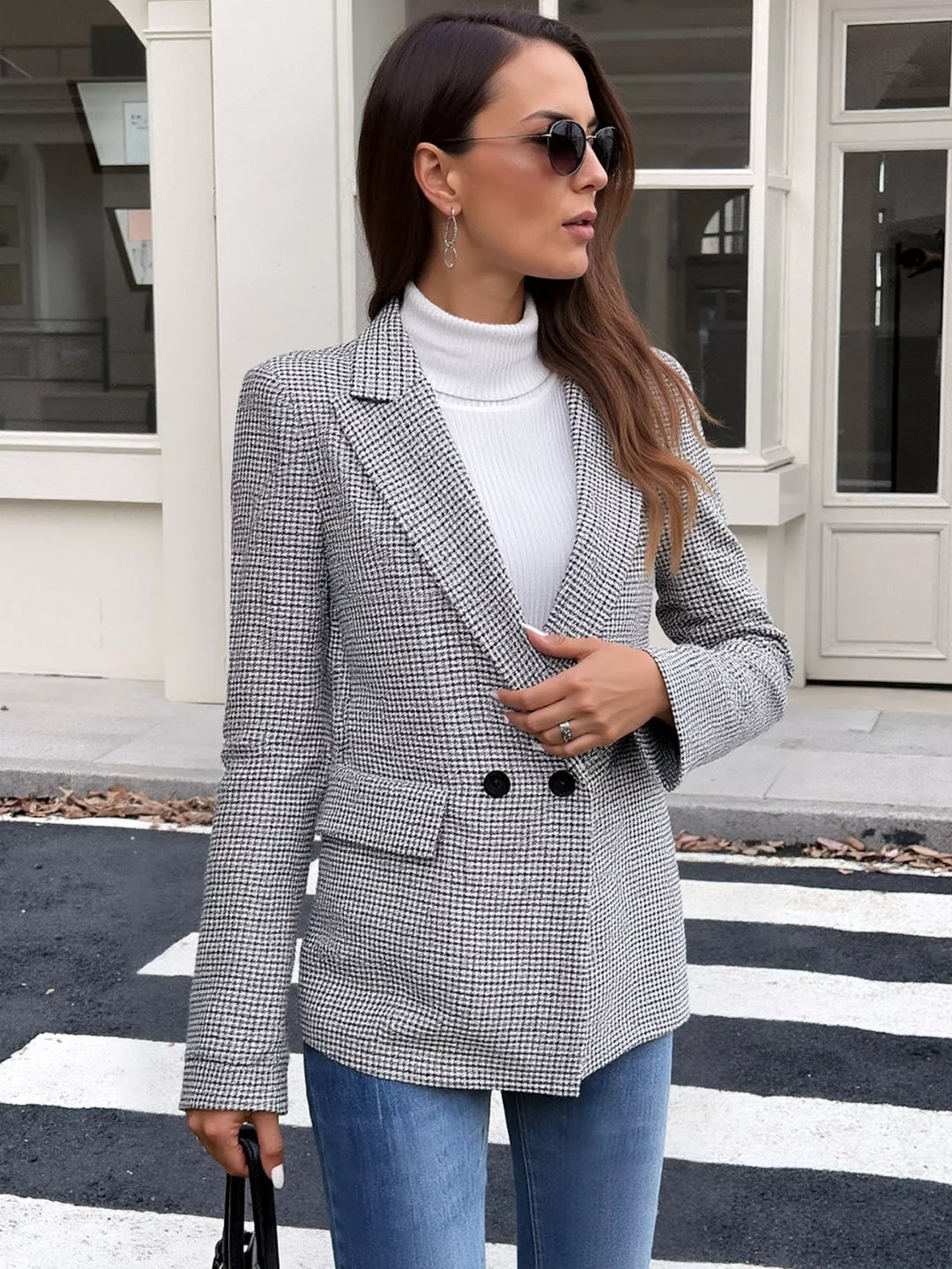 Micro houndstooth flap-pocket blazer with padded shoulders