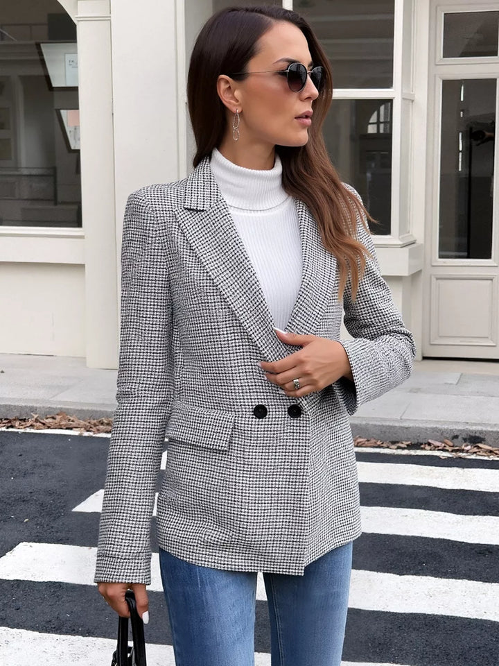 Micro houndstooth flap-pocket blazer with padded shoulders