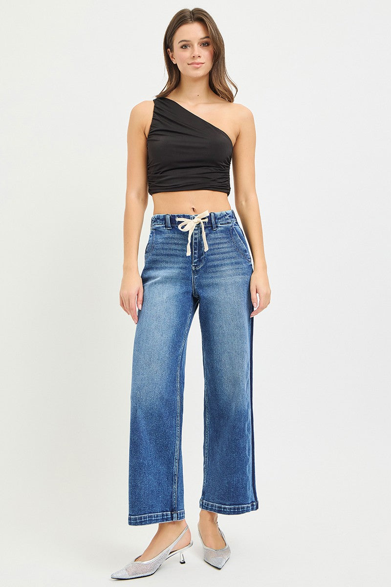 High-rise drawstring wide-leg cropped jeans