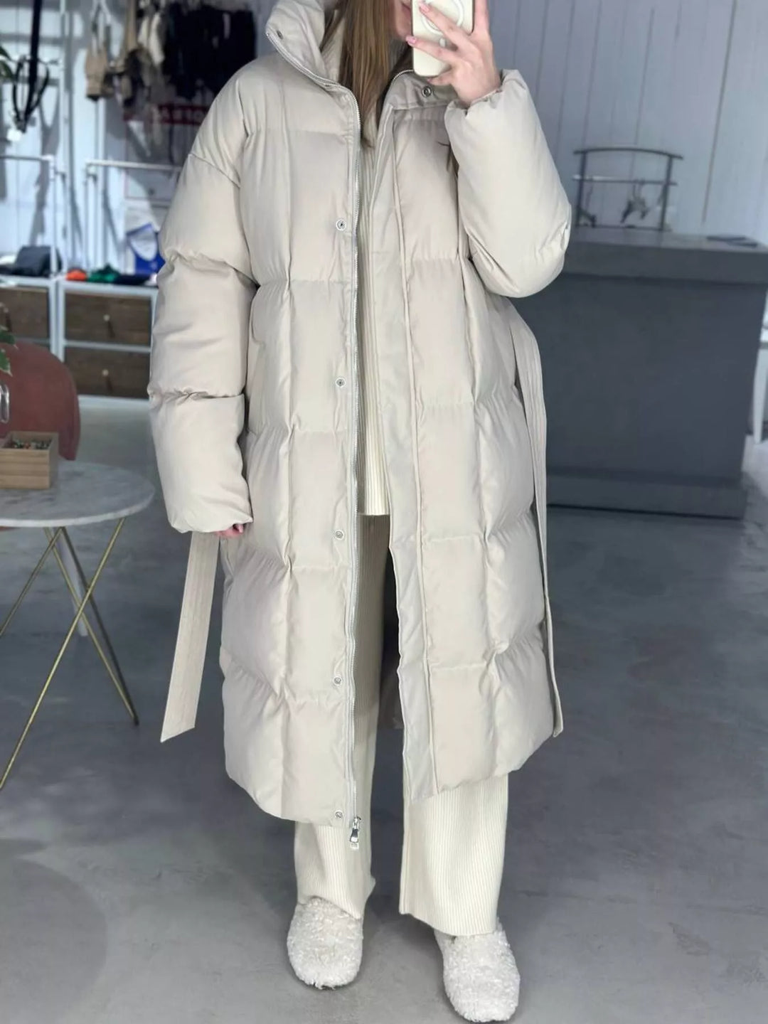 Longline padded puffer coat with stand collar