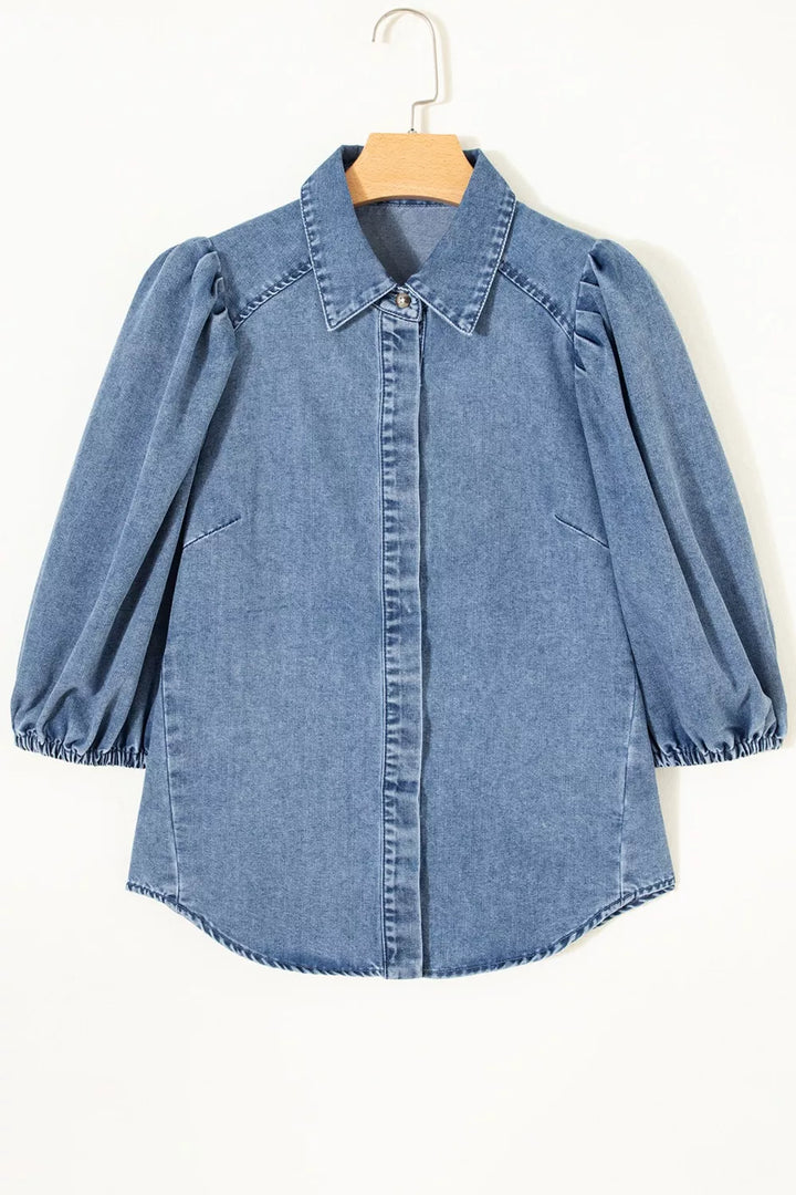 Puff half-sleeve collared denim button-down shirt