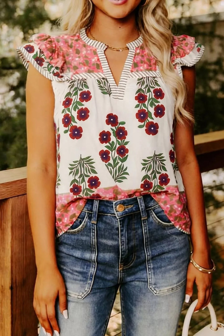 Floral Floral print ruffle cap sleeve blouse with striped trim