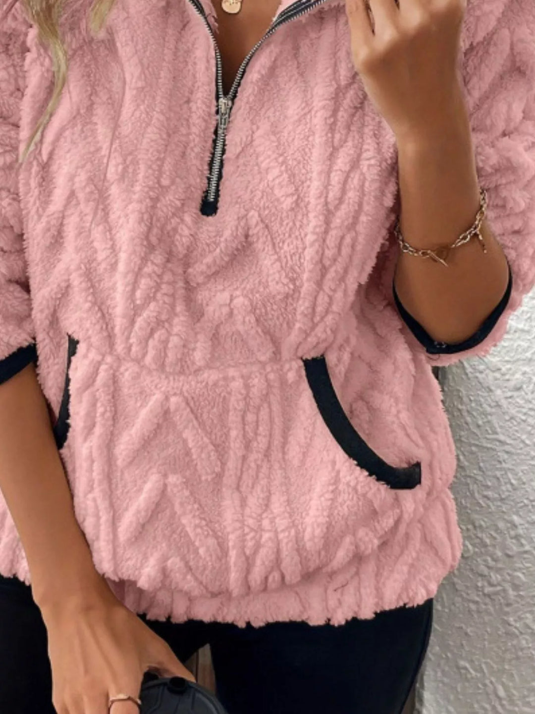 Textured sherpa half-zip pullover with contrast trim