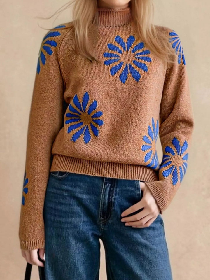 Caramel Floral intarsia mock neck raglan sleeve knit sweater