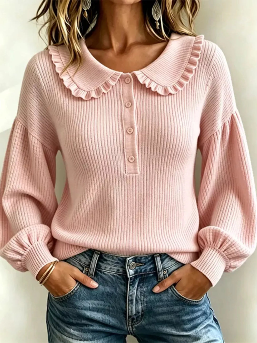 Pink Ruffle collar ribbed knit sweater with button placket