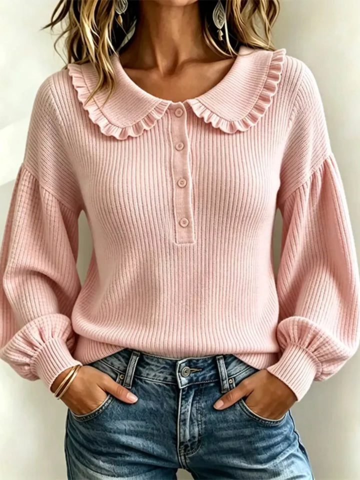 Pink Ruffle collar ribbed knit sweater with button placket