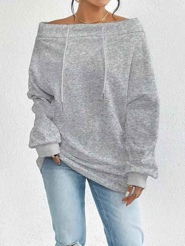 Gray Off-shoulder drawstring sweatshirt with ribbed cuffs