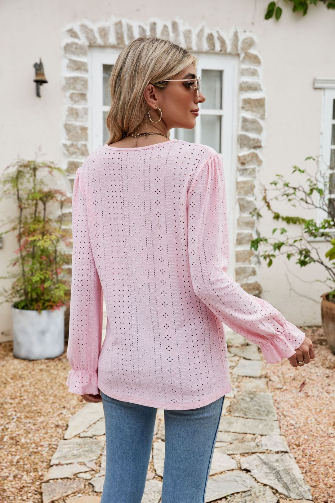 Eyelet lace-trim V-neck blouse with flounce sleeves