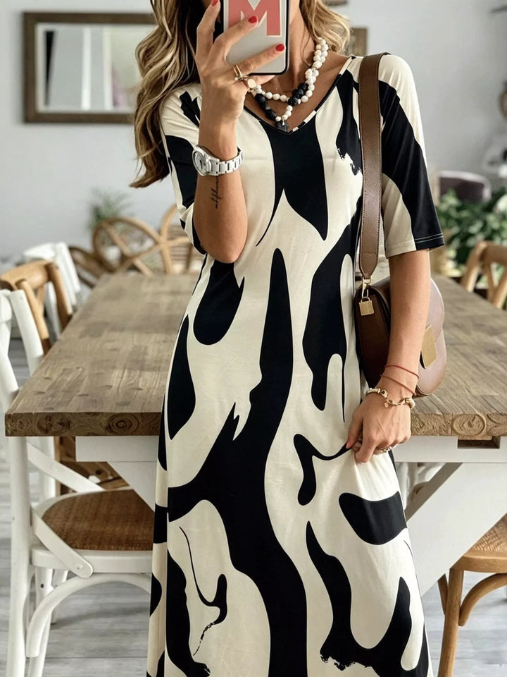 Abstract print V-neck short sleeve maxi dress
