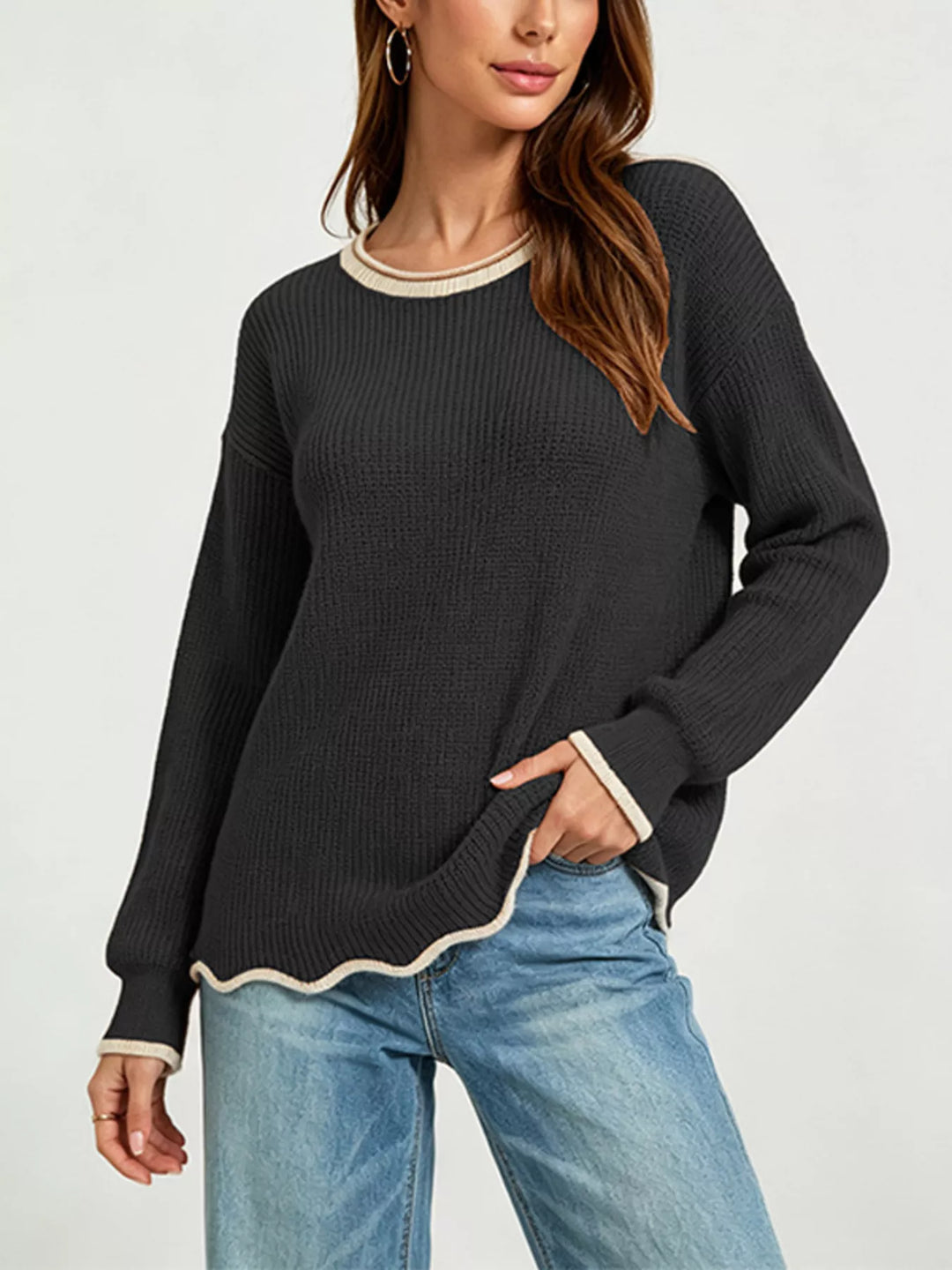 Scalloped hem ribbed knit sweater with contrast trim