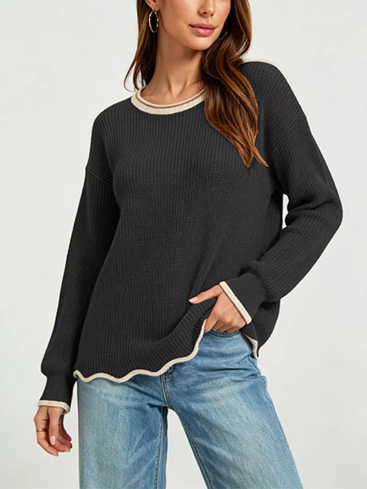 Scalloped hem ribbed knit sweater with contrast trim