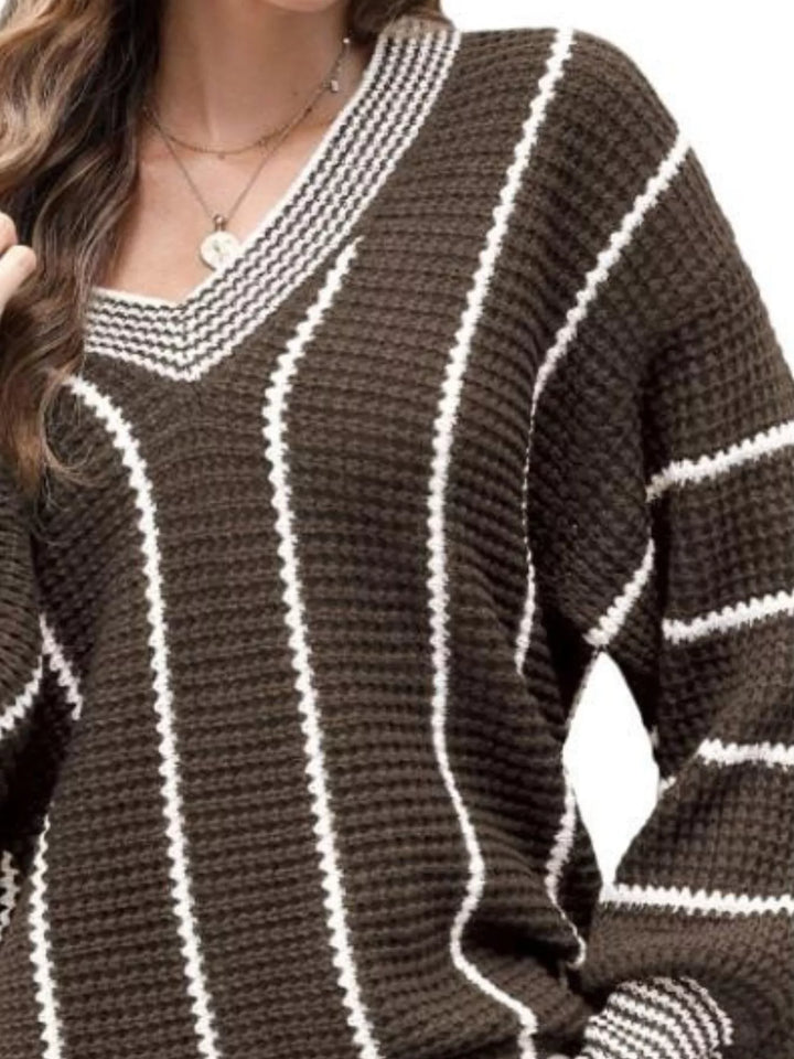 Waffle knit V-neck sweater with contrast stripe trim
