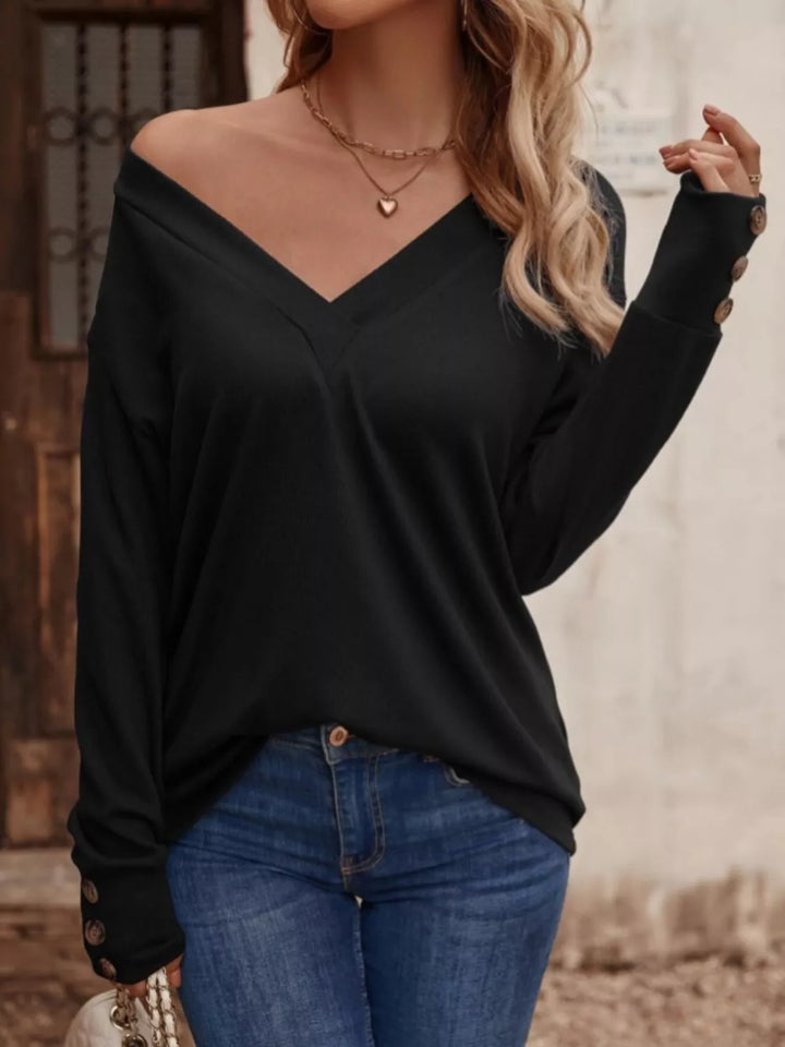 V-neck long sleeve top with button cuffs