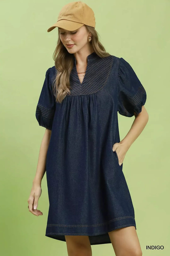 INDIGO Pintuck puff sleeve chambray mini dress with pockets