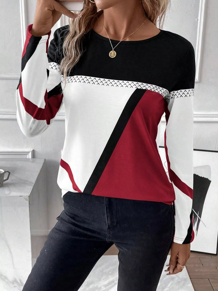 Scarlet Geometric color block long sleeve crew neck top
