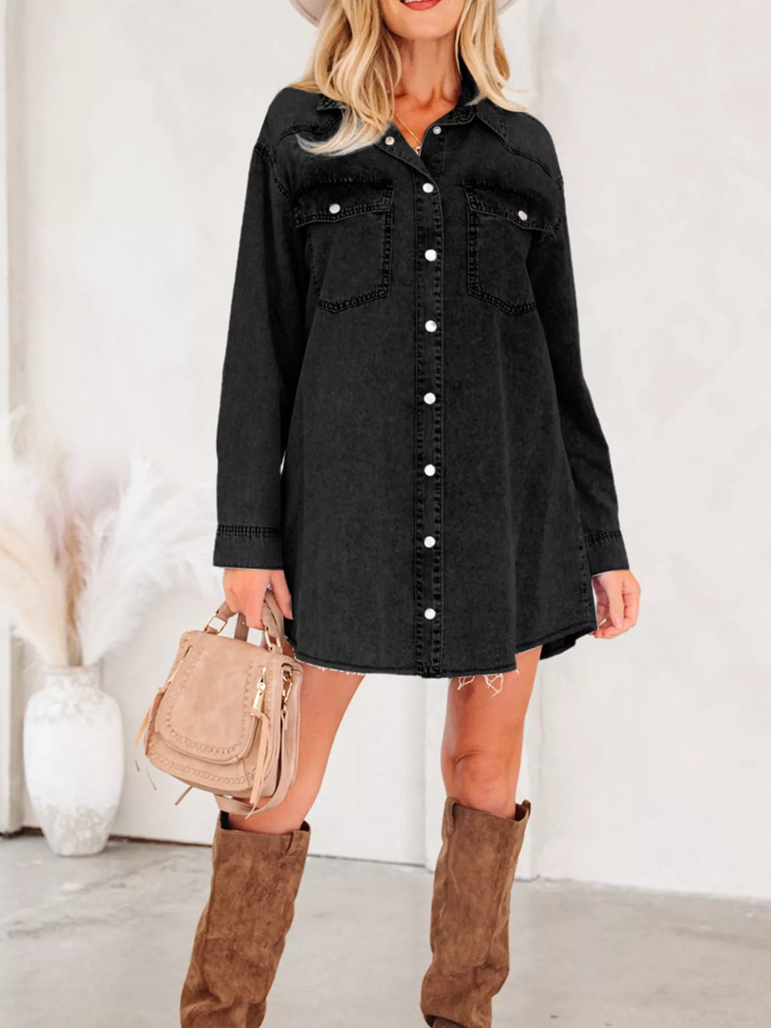 Loose-fit denim shirt dress with raw hem and chest pockets