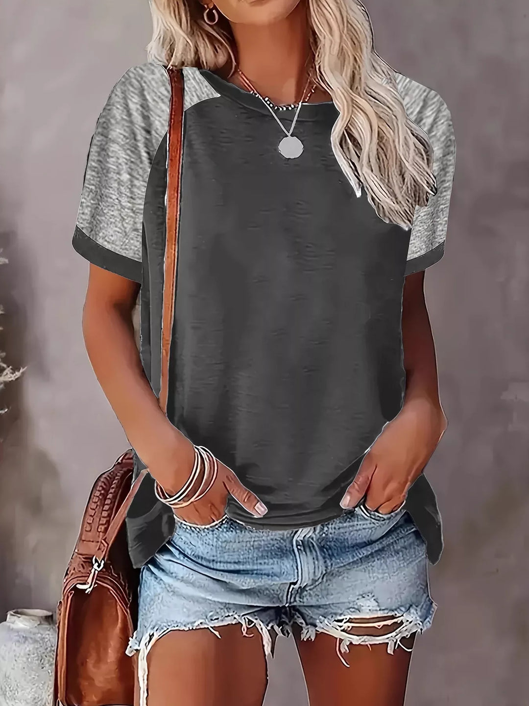 Gray Color block raglan sleeve crew neck tee with contrast cuffs