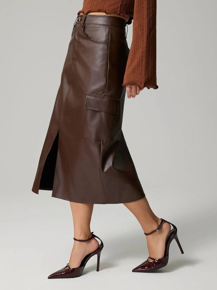 High-rise faux leather midi skirt with cargo pockets and slit