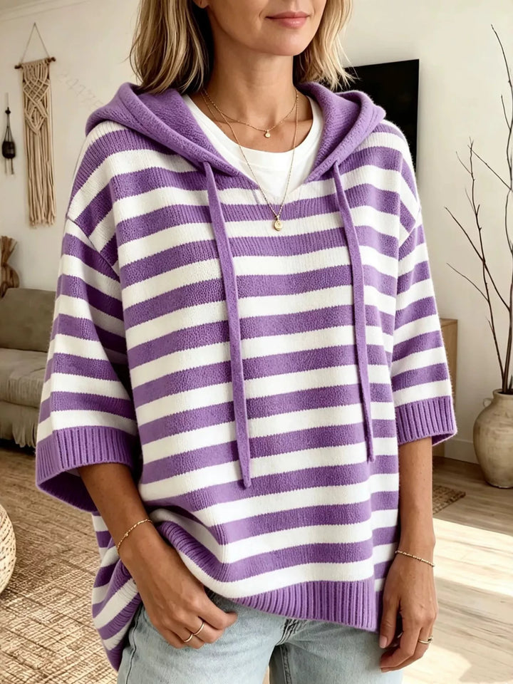 Purple Striped drawstring hooded sweater with elbow-length sleeves