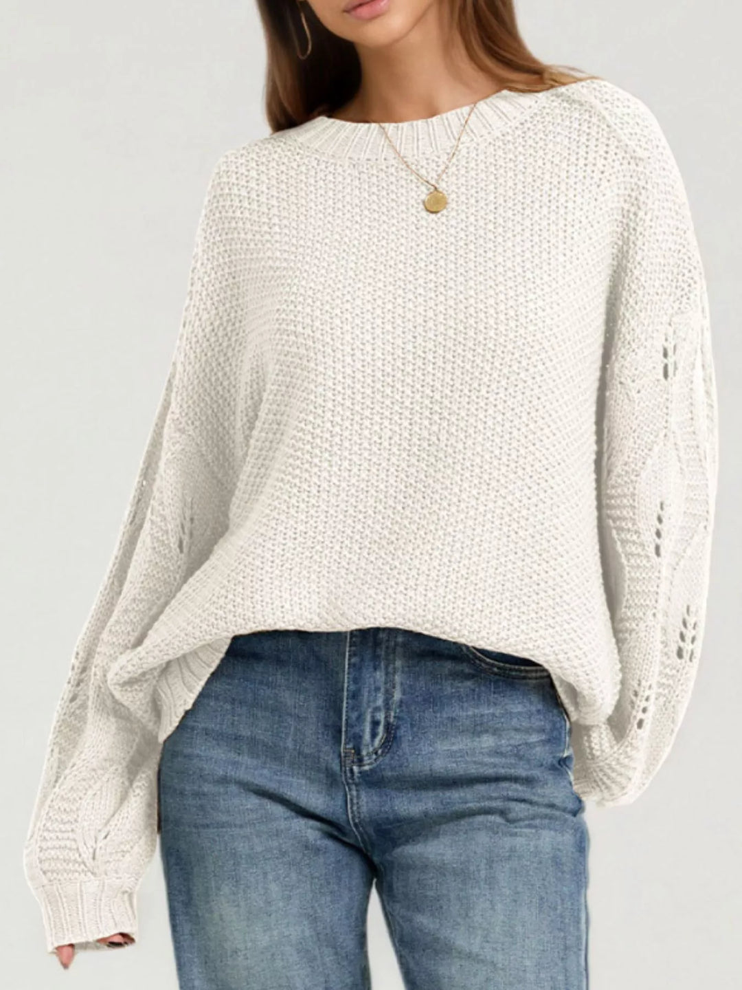 Apricot Openwork knit dropped shoulder sweater with curved hem