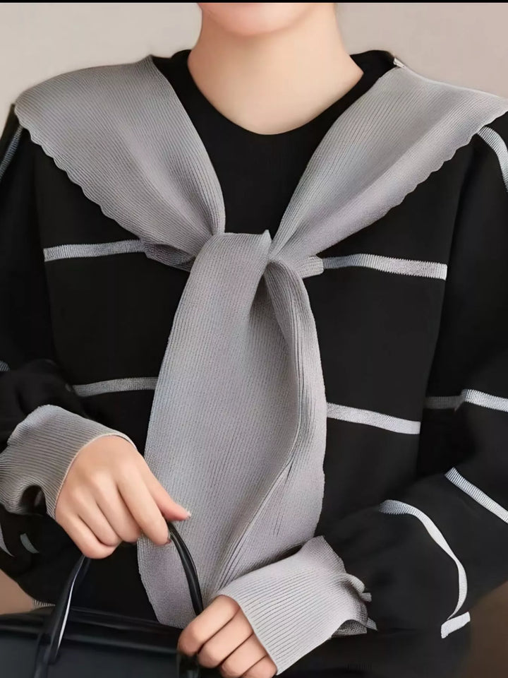 Striped tie-front round neck sweater with long sleeves