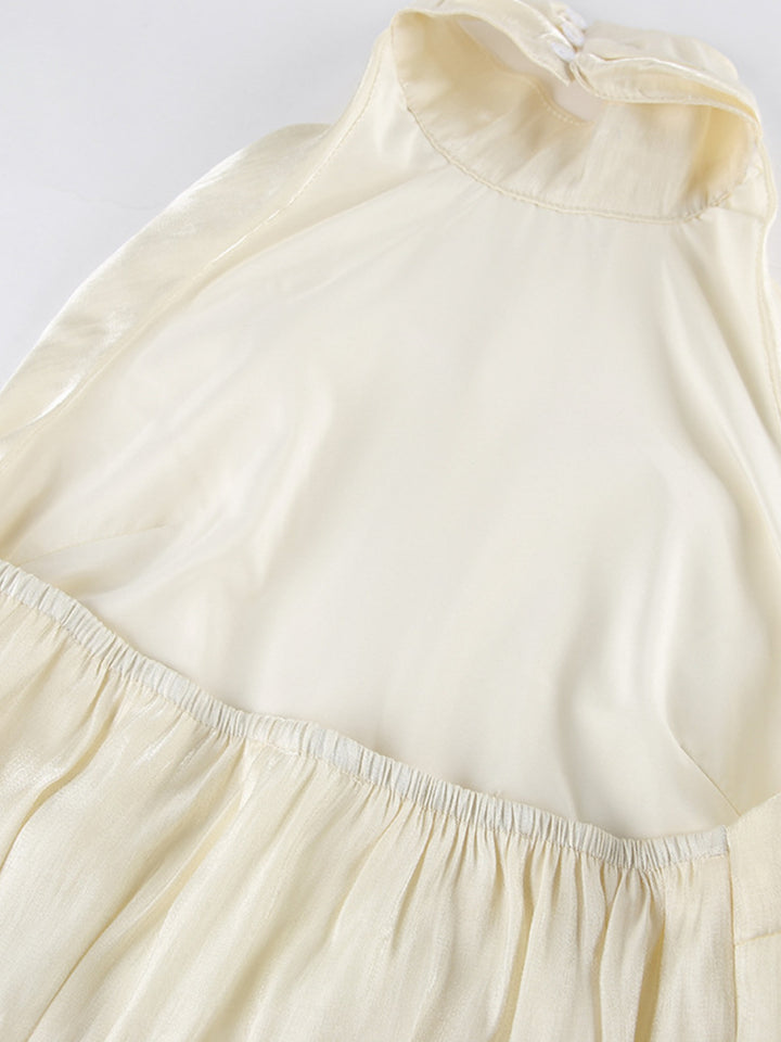 Ruched satin halter top with mock neck and gathered waist