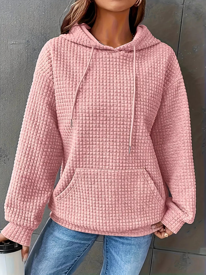Pink Textured waffle knit drawstring hoodie with kangaroo pocket