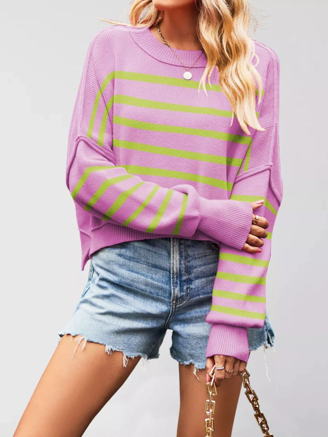 Purple And Green Color Matching Dropped shoulder crew neck sweater with ribbed raw hem