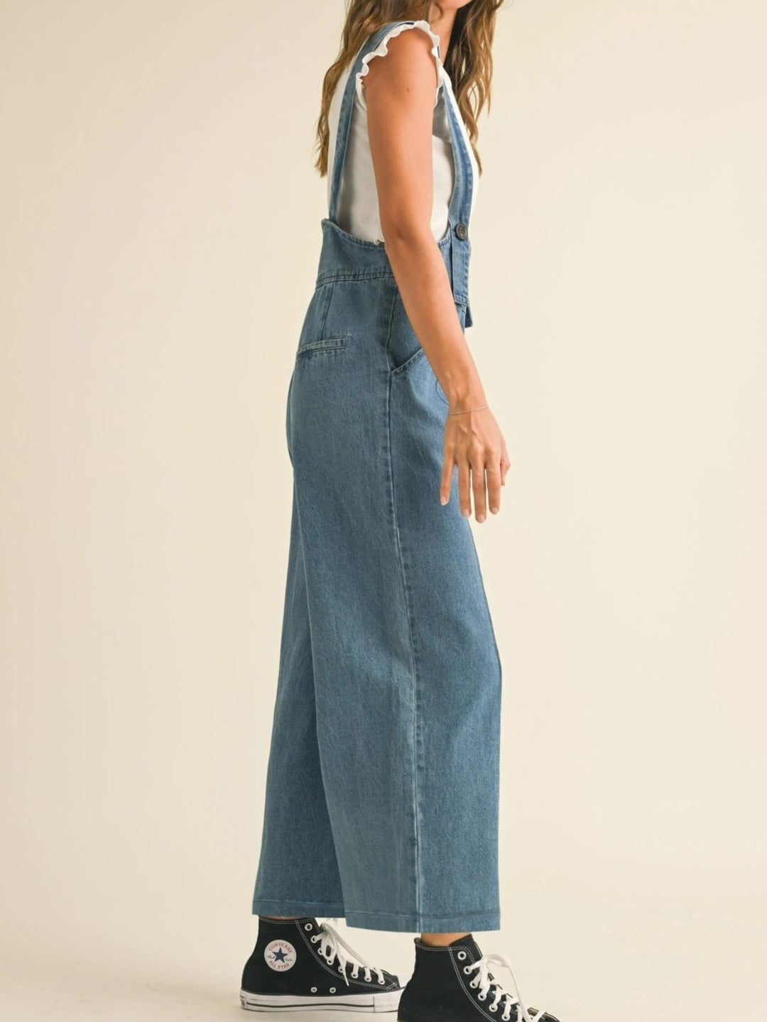 Vintage wide-leg cropped denim overalls with pockets
