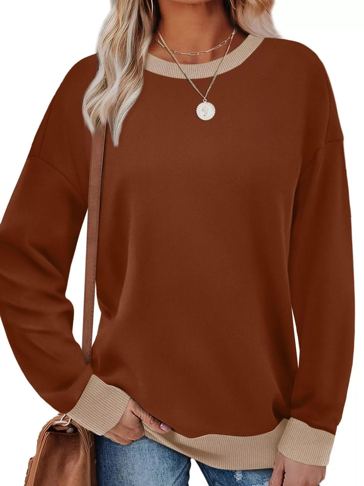 Dark Brown Drop-shoulder crew neck sweatshirt with contrast ribbed trim