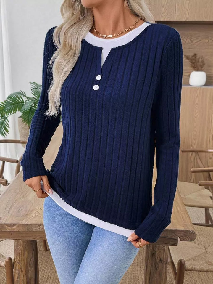 Ribbed knit long sleeve henley with contrast trim