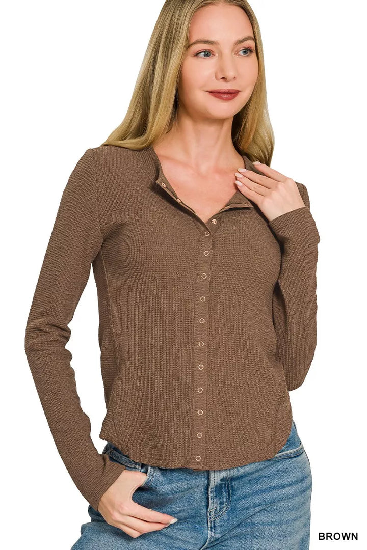 BROWN Long-sleeve double knit snap-button collared shirt
