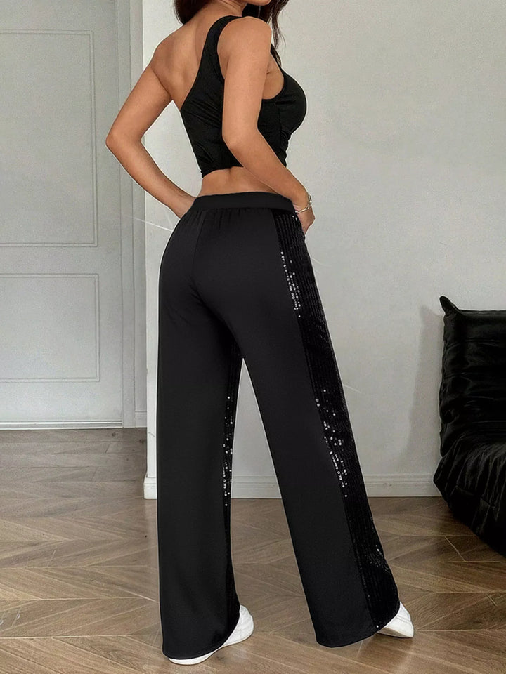 Full-length sequin wide-leg pants with stretch waistband