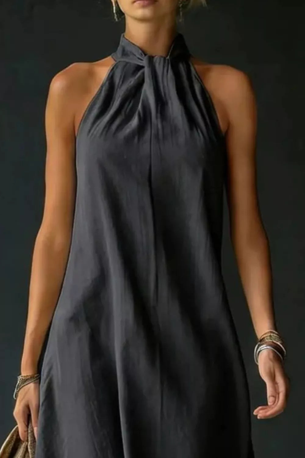 Halter neck sleeveless cotton maxi dress with slit