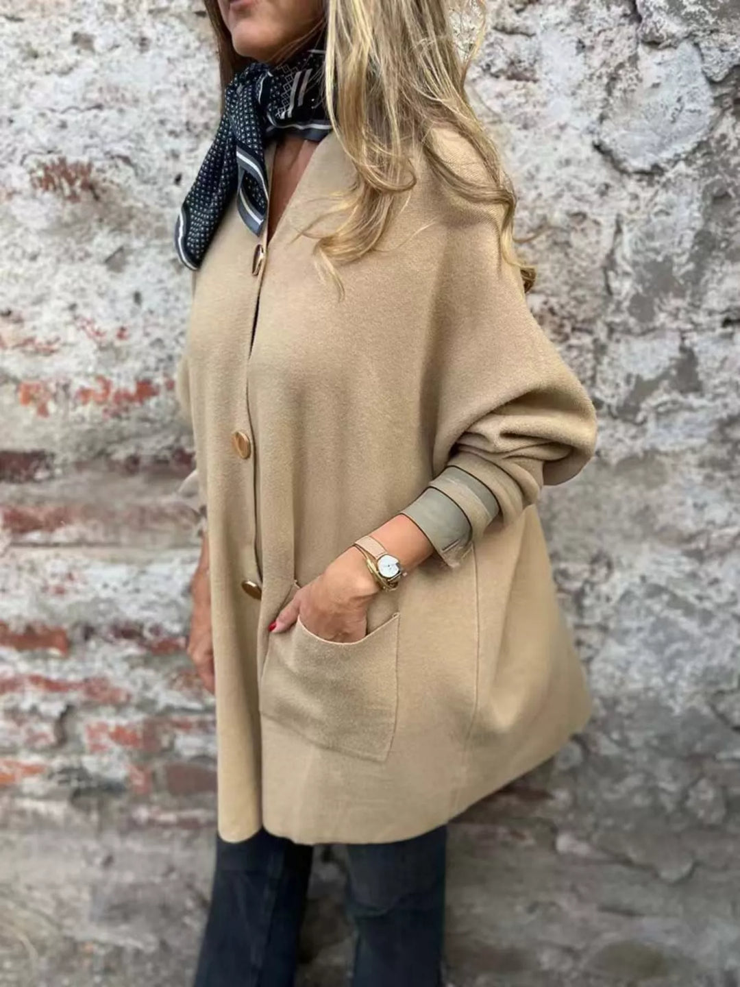 Longline button-down cardigan with patch pockets