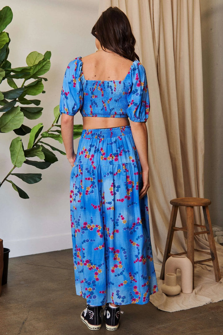Tiered floral maxi skirt with smocked waistband