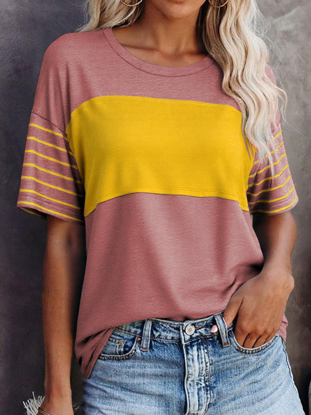 Dusty Pink Color block crew neck tee with striped short sleeves