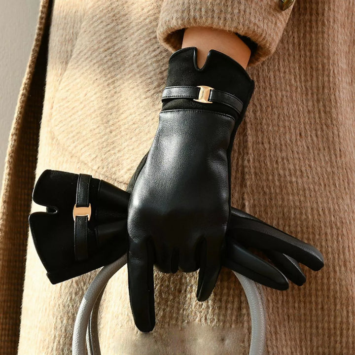 Black Faux leather gloves with gold buckle strap and suede panels