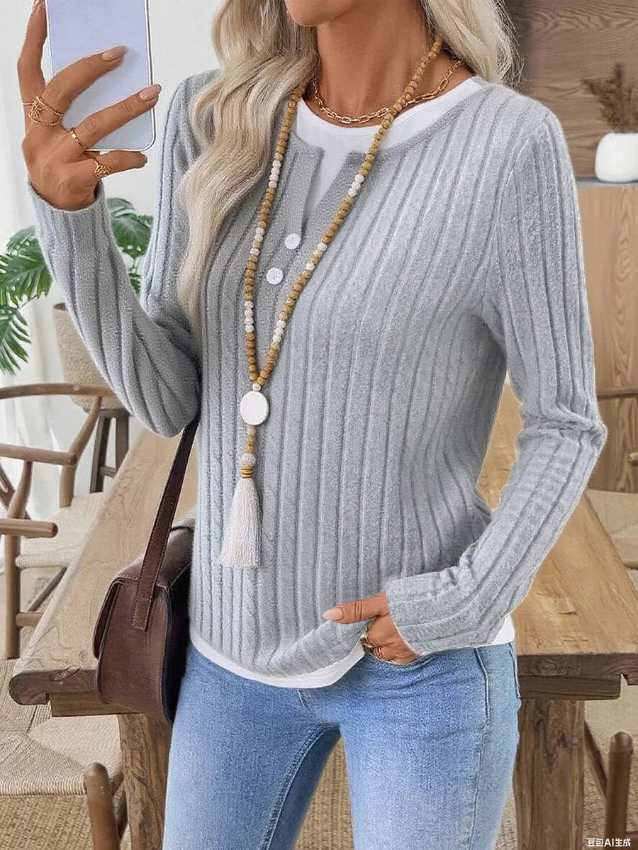 Ribbed knit layered-look long sleeve top with button trim