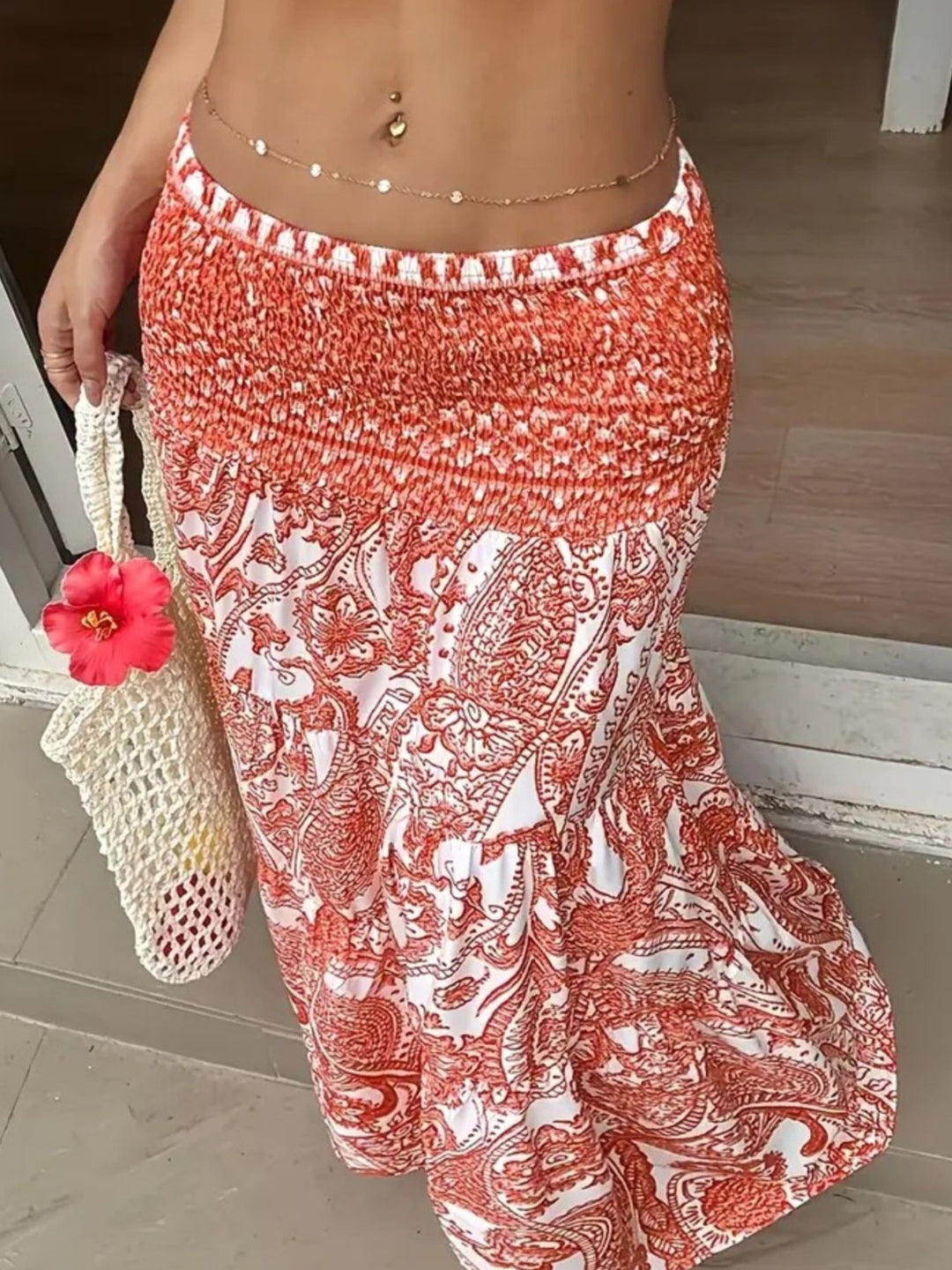 Burnt Coral Paisley print maxi skirt with smocked waist