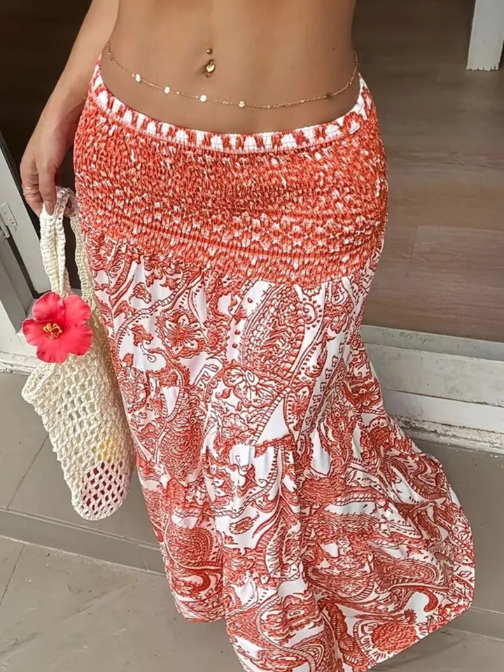 Burnt Coral Paisley print maxi skirt with smocked waist