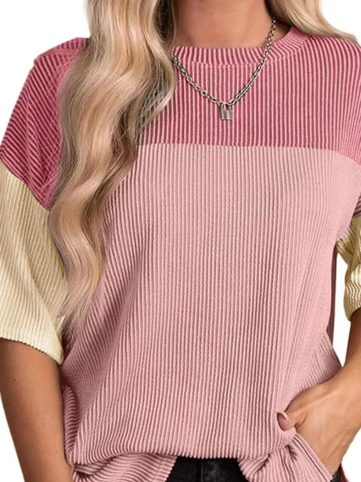 Ribbed color block short sleeve top with side slits
