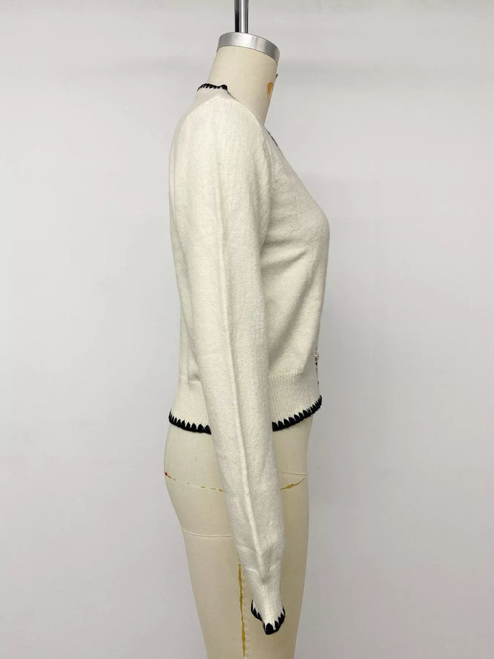 Contrast whipstitch trim V-neck button-front knit cardigan