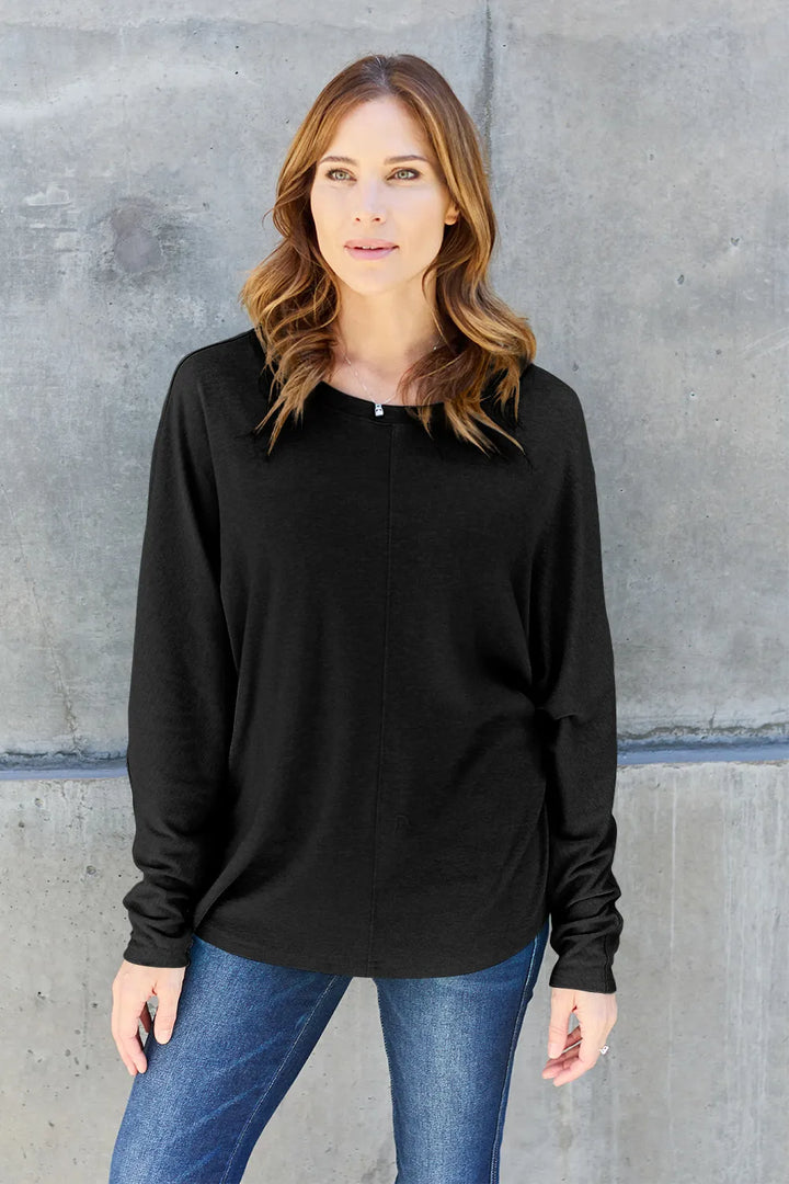 Relaxed drop-shoulder round neck long sleeve top