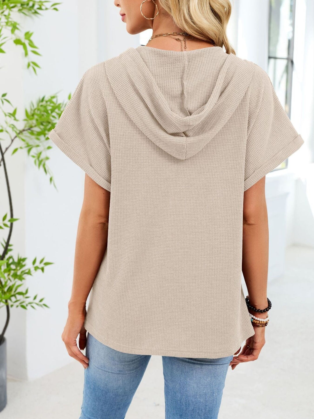 Waffle knit short-sleeve hoodie with button placket