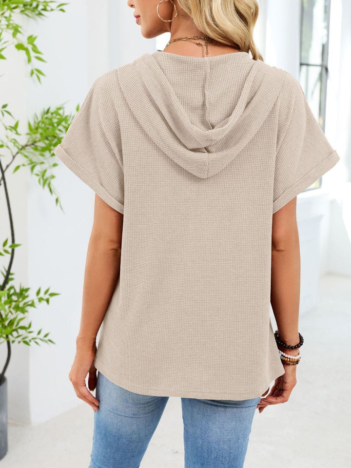 Waffle knit short-sleeve hoodie with button placket